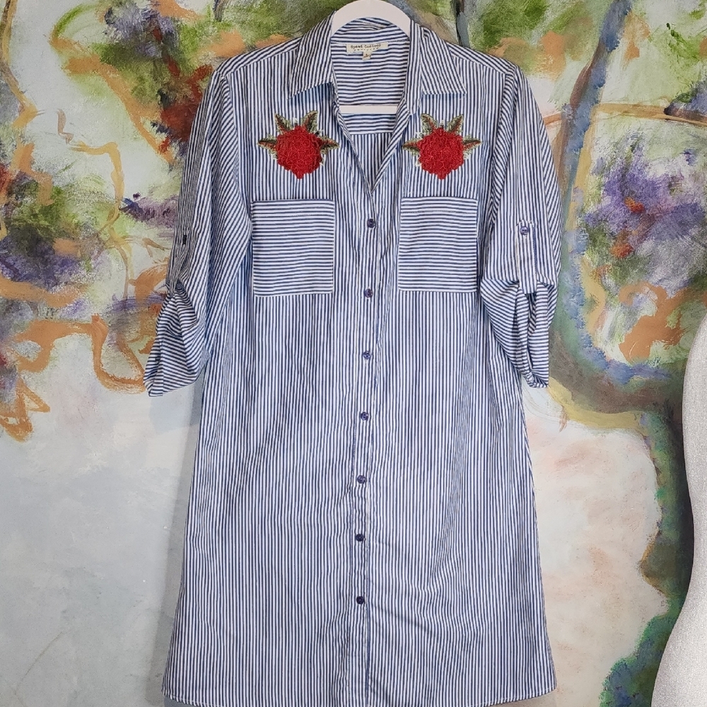 Speed Control Blue & White Striped Embroidered Polo Collar Cuffed Sleeve Dress